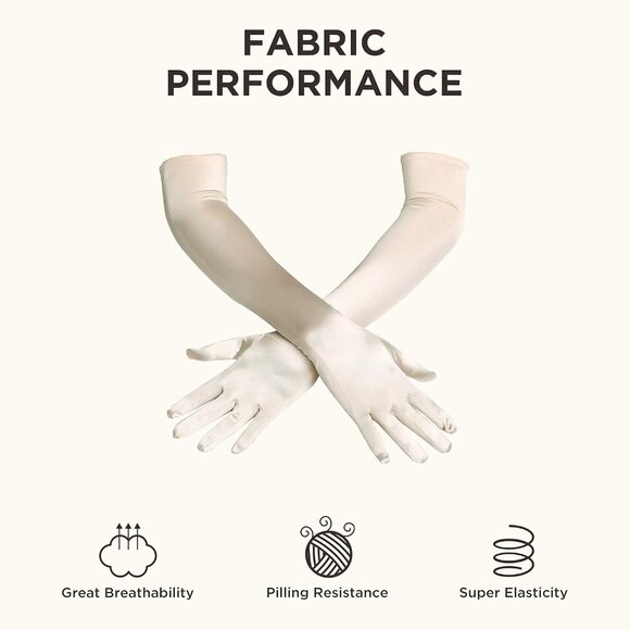 Women's Champagne Long Opera Party 20s Satin Gloves Stretchy Elbow Length - Picture 6 of 7